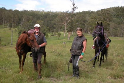 A man and a woman stand in a paddock with two horses and the bush in the background.