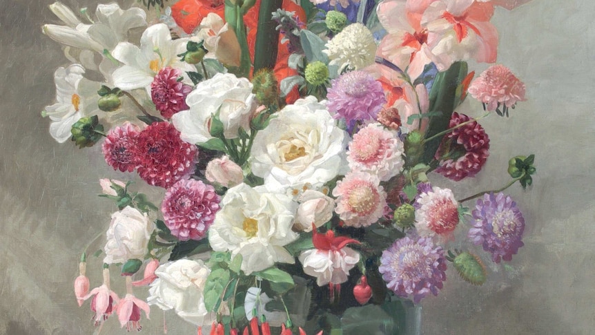 A painting of a glass vase full of colourful flowers.