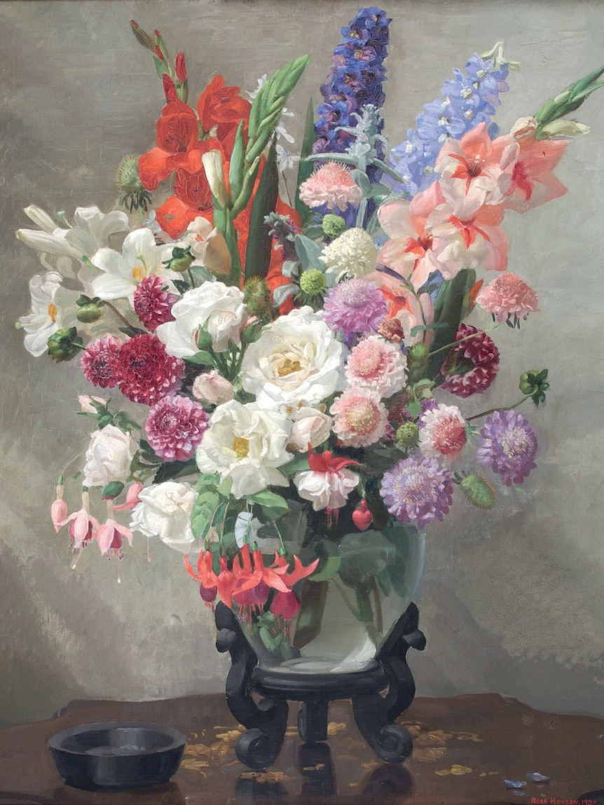 A painting of a glass vase full of colourful flowers.