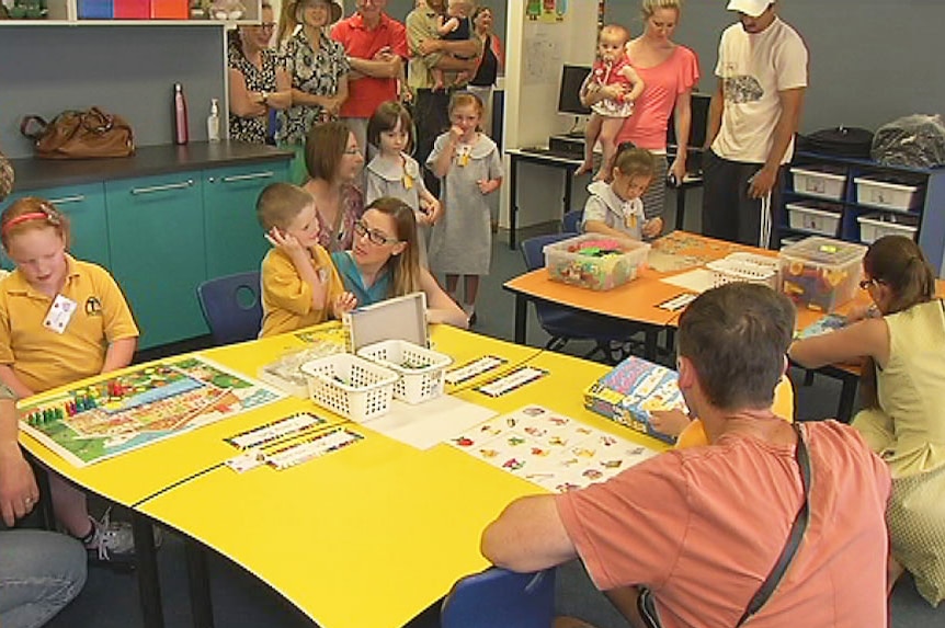 Taylor Primary School kindergarten students and their parents on the first day of school.