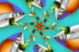 Kaleidoscope based Illustration of Fish, Egg, Broccoli, seeds and raisins for guide on Paleolithic diet