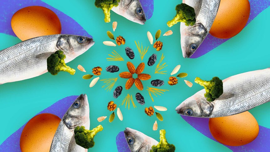 Kaleidoscope based Illustration of Fish, Egg, Broccoli, seeds and raisins for guide on Paleolithic diet