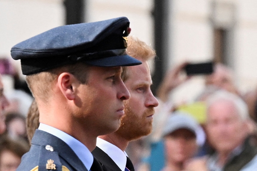 Les Britanniques William, Prince de Galles et Prince Harry défilent lors de la procession aux funérailles de leur grand-mère 