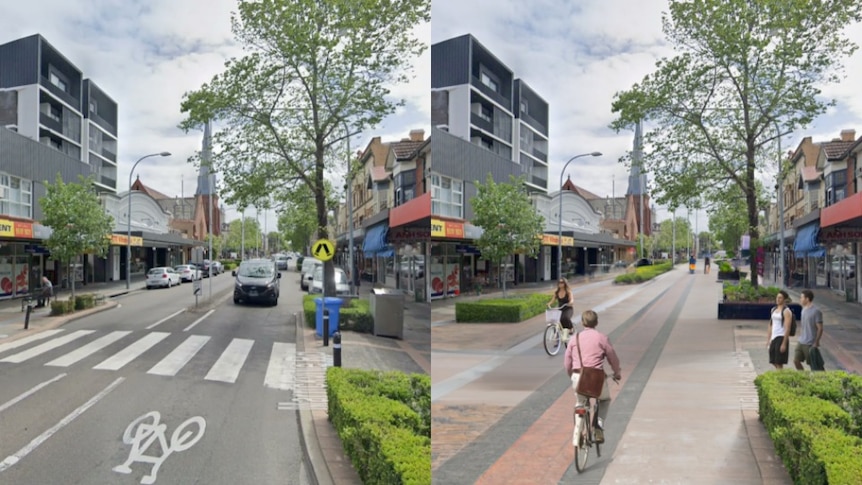 Two images of the same street, one with a road, the other with a bike and pedestrian path replacing the road.