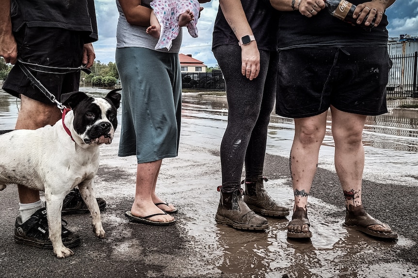 Bulldog and several human family members standing on a muddy road, with mud on feet. 