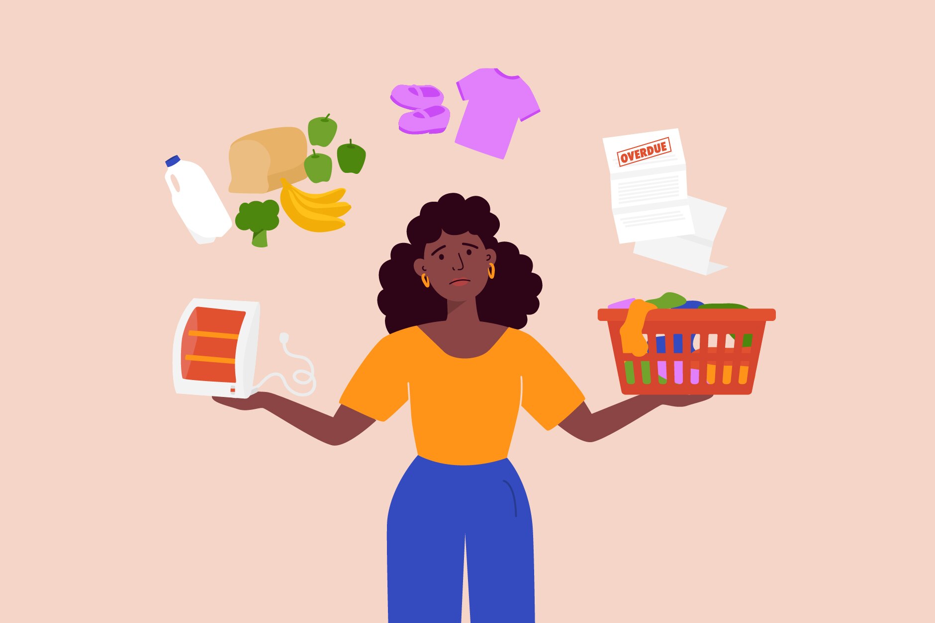 A woman juggling the things in her life - bills, shopping, kids clothes