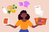 A woman juggling the things in her life - bills, shopping, kids clothes