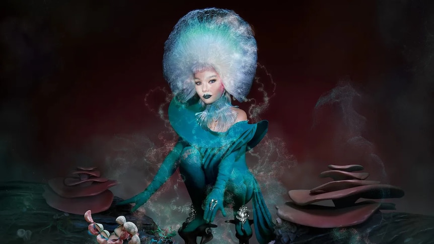 An illustration of Bjork wearing a green dress wearing a strange, otherworldy headdress.