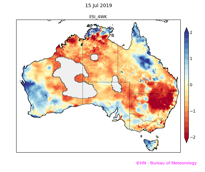 Map of Aus, large dark red patch in inland north NSW, reaching up into southern Queensland. Patches of dark red in the NT.