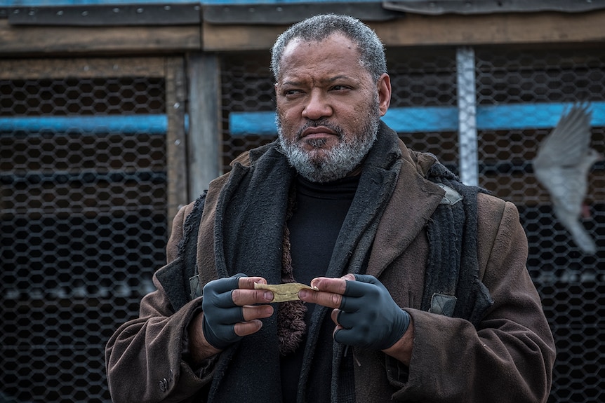 Colour close-up still of Laurence Fishburne holding a paper note between his fingers in John Wick: Chapter 3.