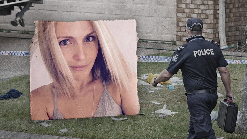 A graphic showing a woman smiling in a selfie embeded on top of a photo of the front of a house with a police officer.