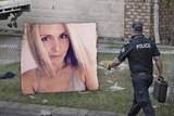 A graphic showing a woman smiling in a selfie embeded on top of a photo of the front of a house with a police officer.