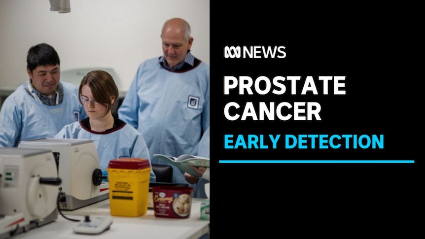 Prostate Cancer, Early Detection: Three people in lab coats gather around science equipment.