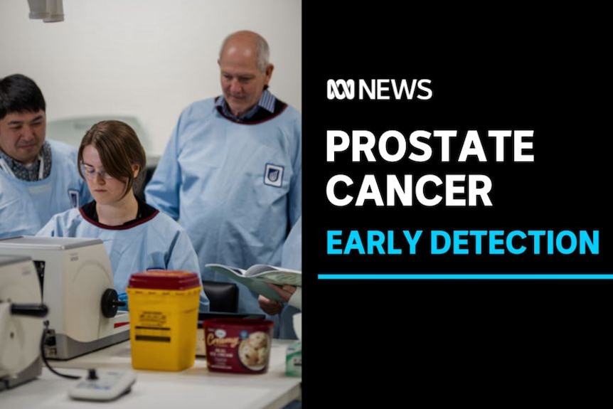 Prostate Cancer, Early Detection: Three people in lab coats gather around science equipment.