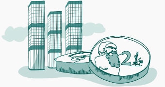 Illustration of big business buildings and two dollar coins