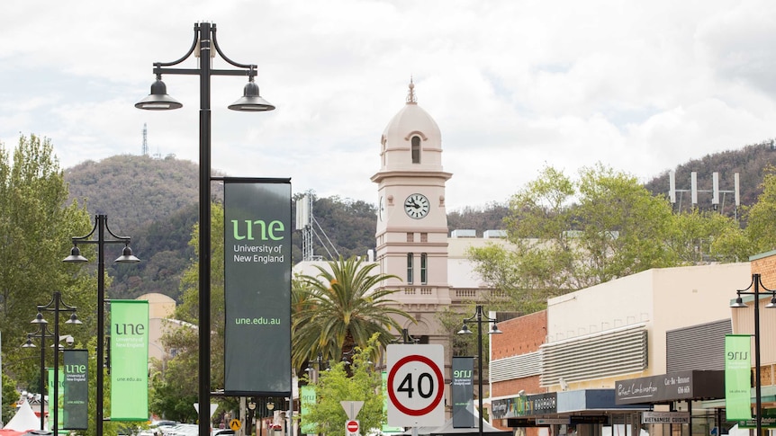 The Tamworth Post Office clock tower with a number of green and black University of New England flags in the foreground.