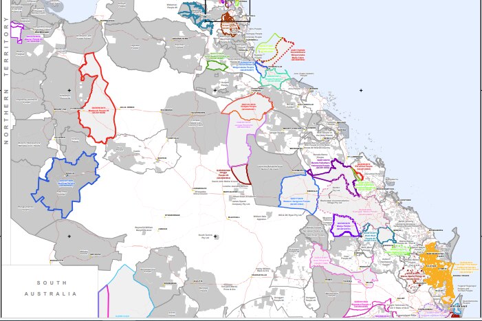 Map of Queensland separated into the jurisdictions of native title holders. 