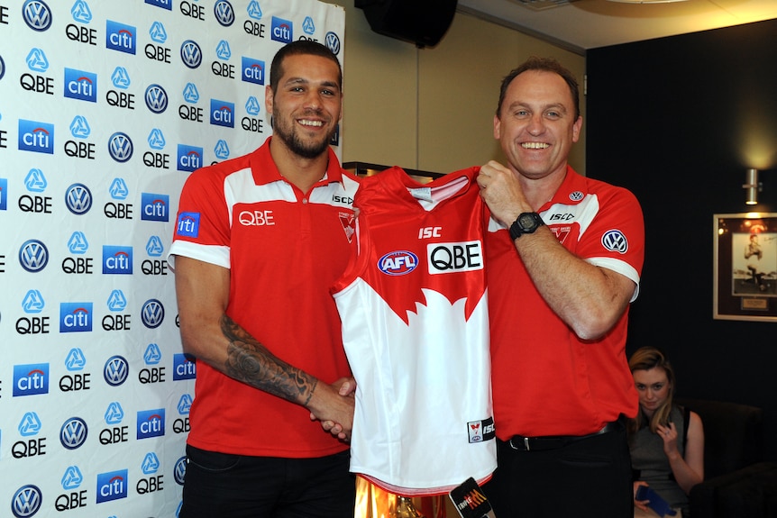 Lance Franklin and John Longmire pose with a Sydney jumper