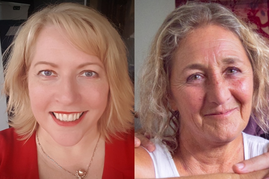 Two middle-aged women smile at camera in composite images