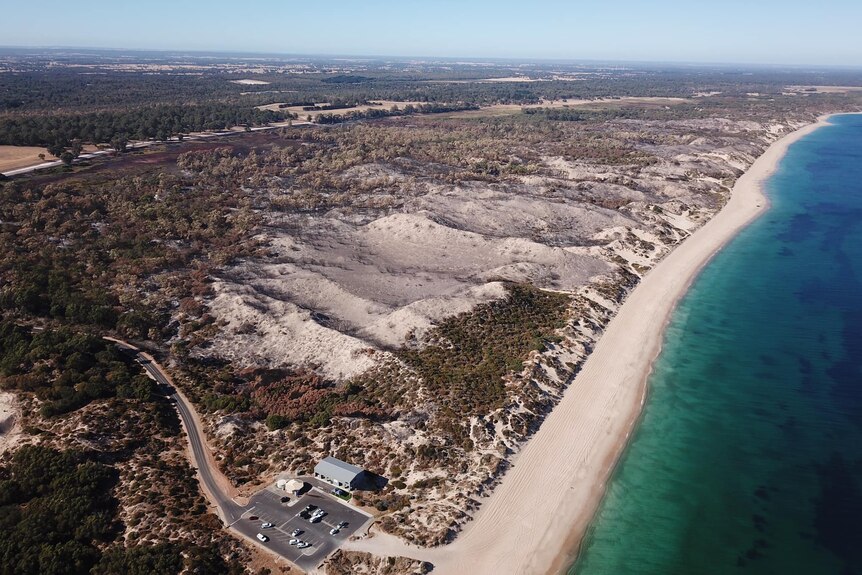 Drone shot showing the fire scar from the bushfire near Dalyellup.