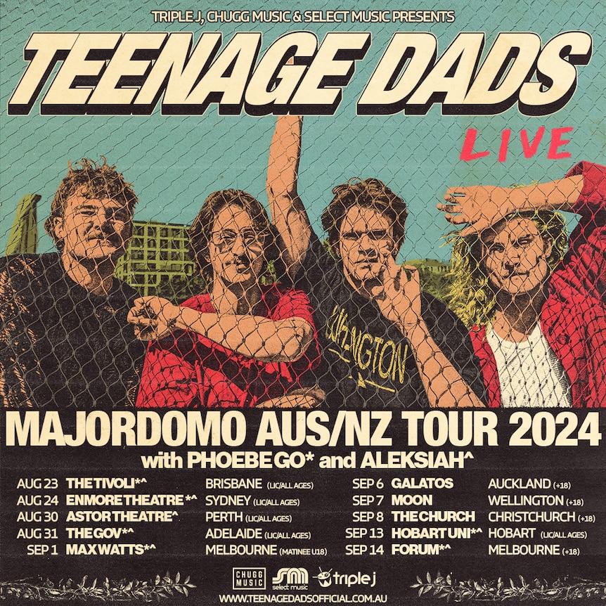 Poster for Teenage Dads' 2024 Australian tour shows a stylised photo of the band behind a chain link fence