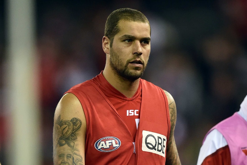 Sydney Swans player Lance Franklin wears the red substitute vest against St Kilda in round 22, 2015.