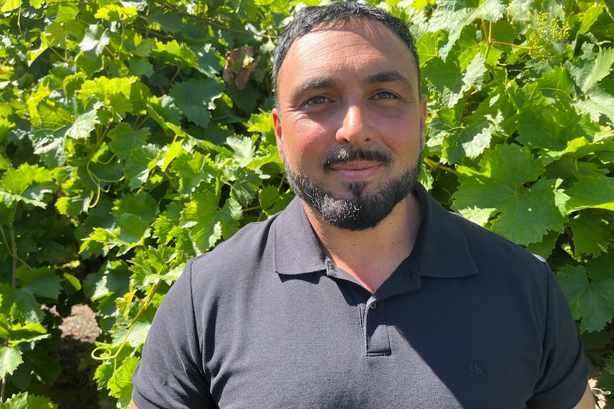 A man with short black hair and a black beard and mustache stands in front of table grape vines.
