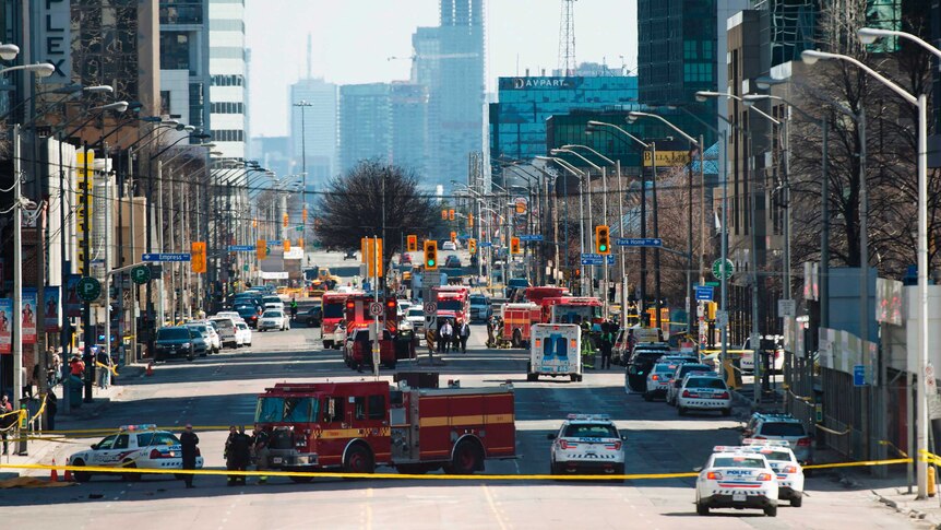 Emergency services close Yonge Street following the incident.