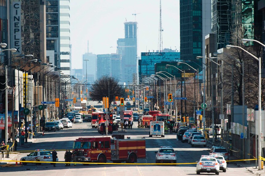 Emergency services close Yonge Street following the incident.