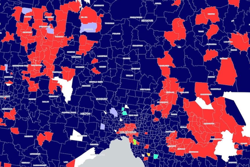 A map of Melbourne shows suburbs by the most common religion. The inner city is home to the most people with 'no religion'.
