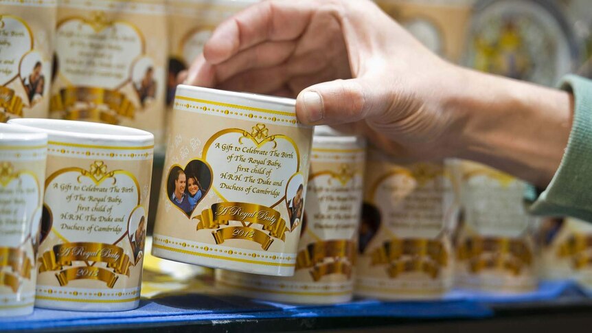 A souvenir mug celebrates the upcoming birth of the royal baby of Prince William and Catherine