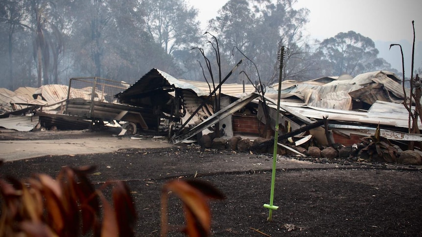 Brick and tin houses lie in rubble surrounded by burnt trees and ground.