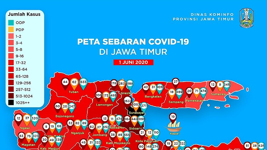 Peta Sebaran COVID-19 di Jawa Timur per 1 Juni 2020.