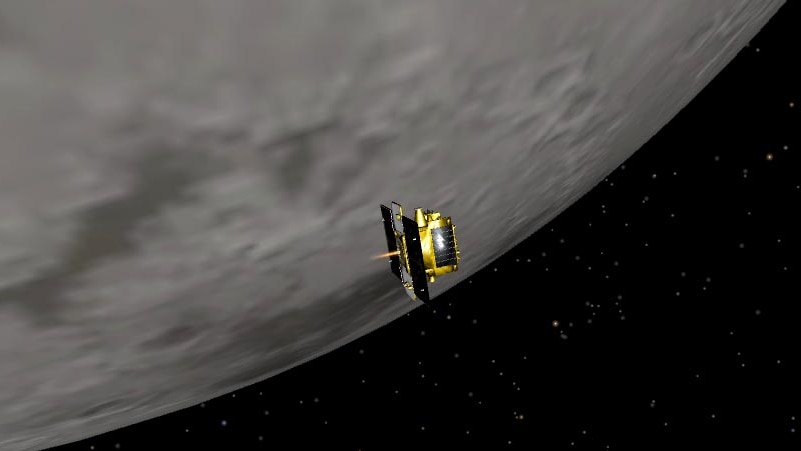 Artist concept of GRAIL-B performing its lunar orbit insertion burn.