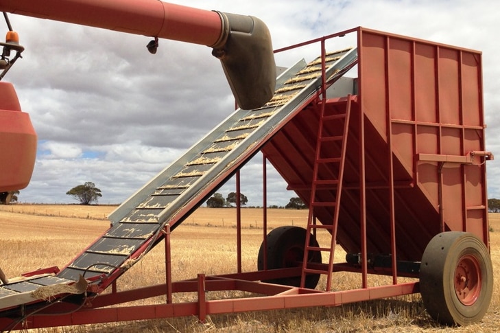 A chaff cart towed behind a harvester