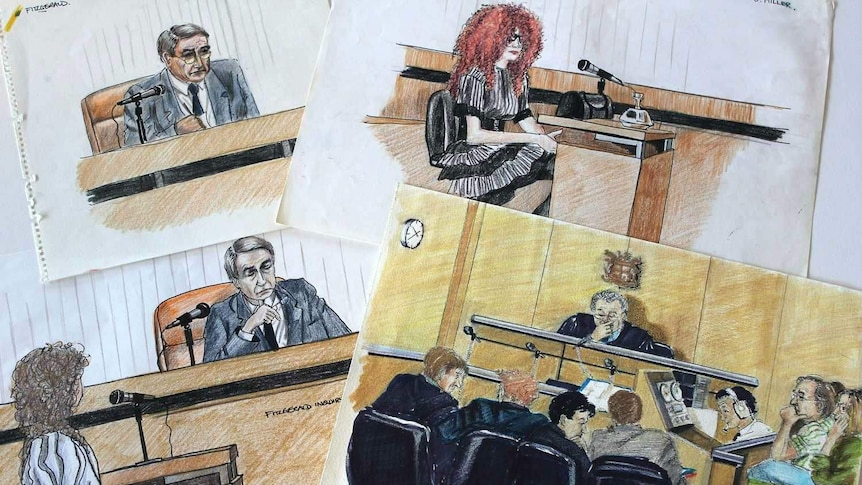 Collection of sketches featuring various people in courtroom