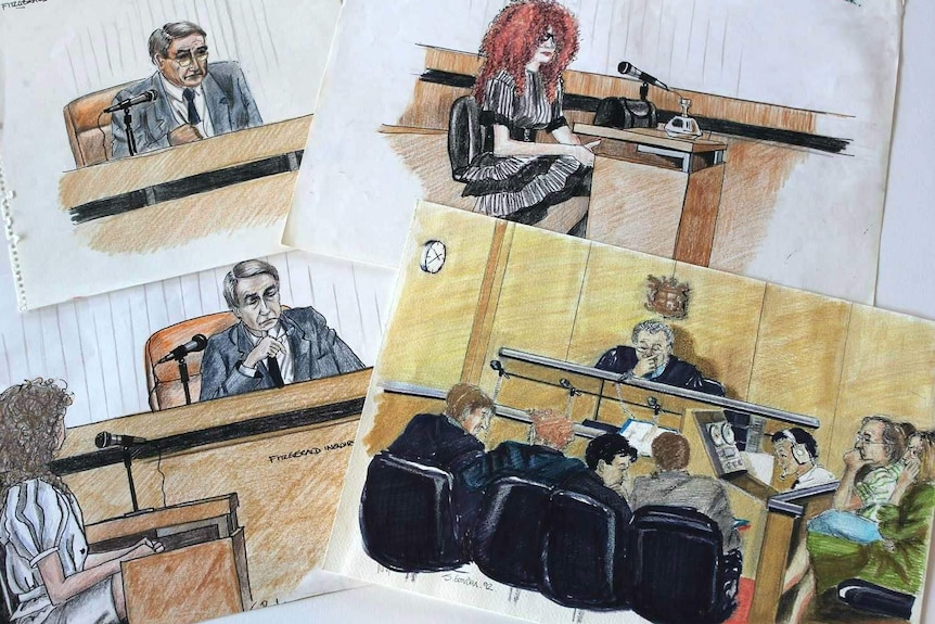 Collection of sketches featuring various people in courtroom