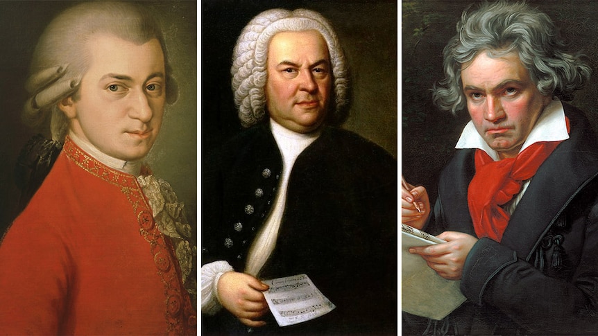 A combined image of Mozart, JS Bach and Beethoven.