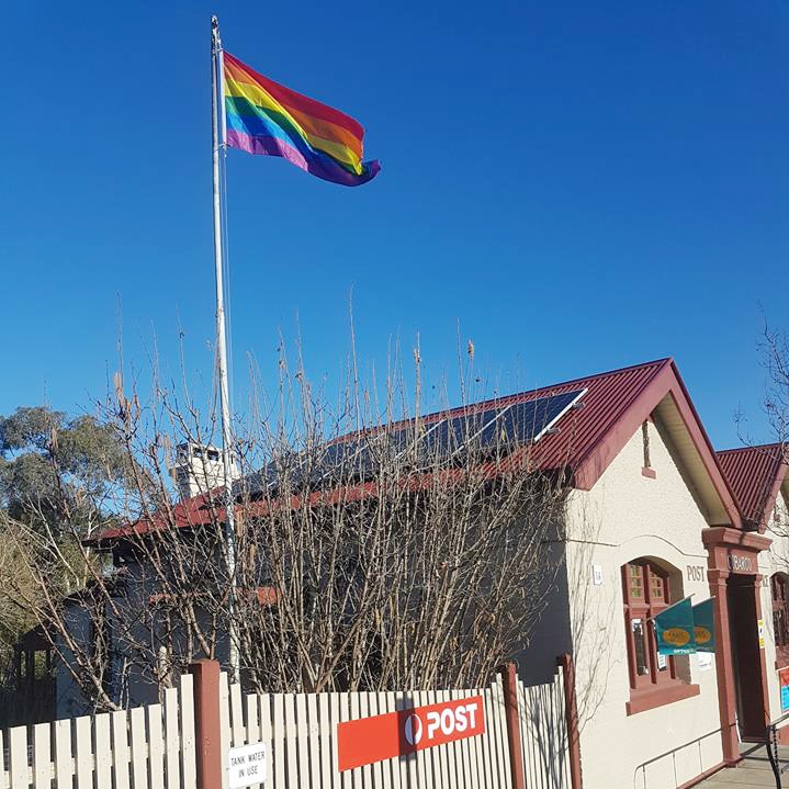 A rainbow flag on a pole.