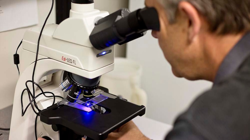 Man in lab coat looks down the eyepiece of a microscope