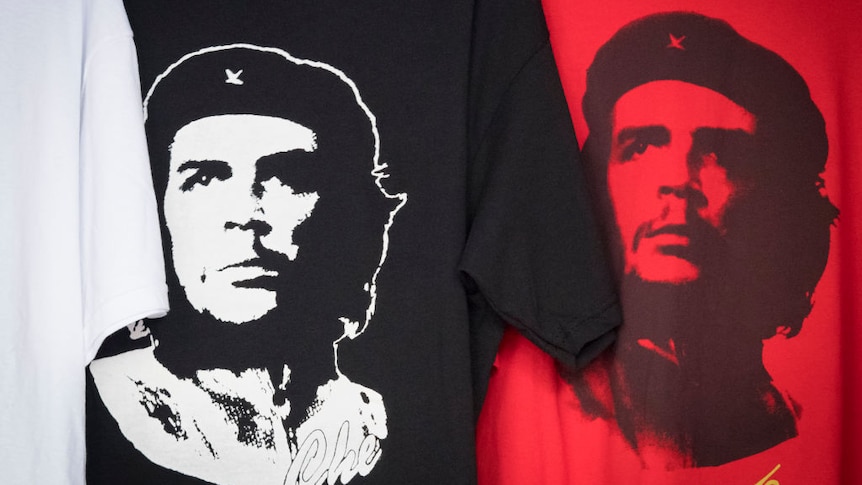 A black and white and balck and red tshirt with Che Guevara on it