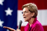 Democratic presidential candidate Sen. Elizabeth Warren speaks in from of a giant American flag