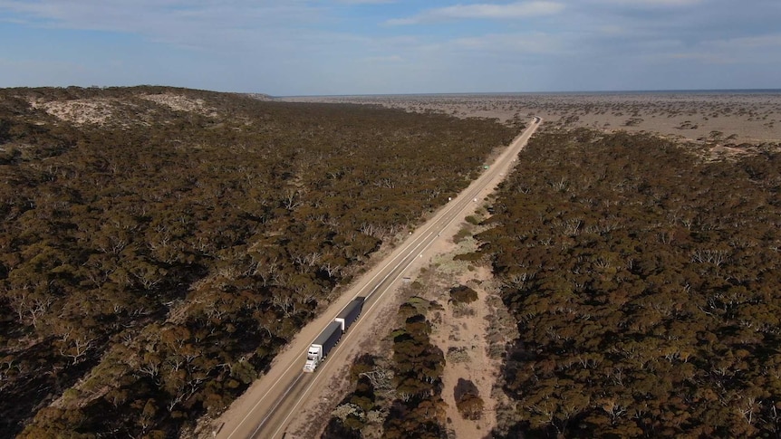 An aerial view of a truck on a highway, driving through arid bushland.