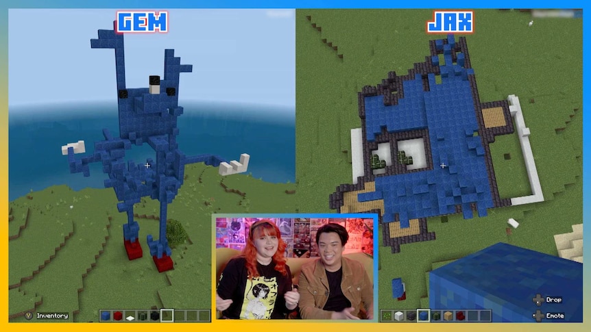 Gem and Jax's Sonic creations on screen.