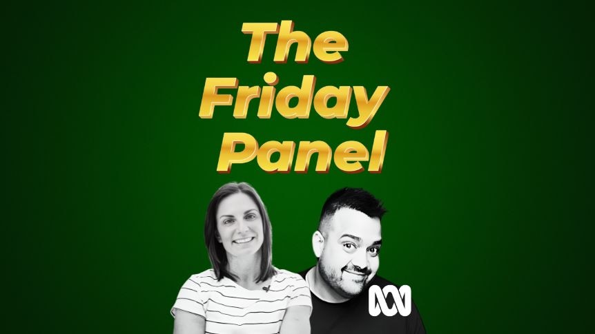 Picture of smiling woman and man on green background with title Friday Panel