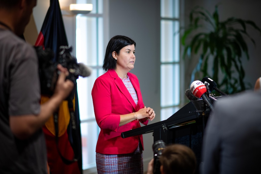 a woman at a press conference