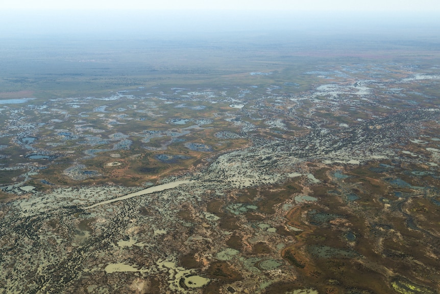 an aerial view of outback country with water channels