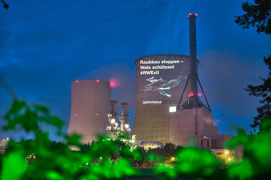 A projection of a mother humpback whale and its calf against a German gas plant.