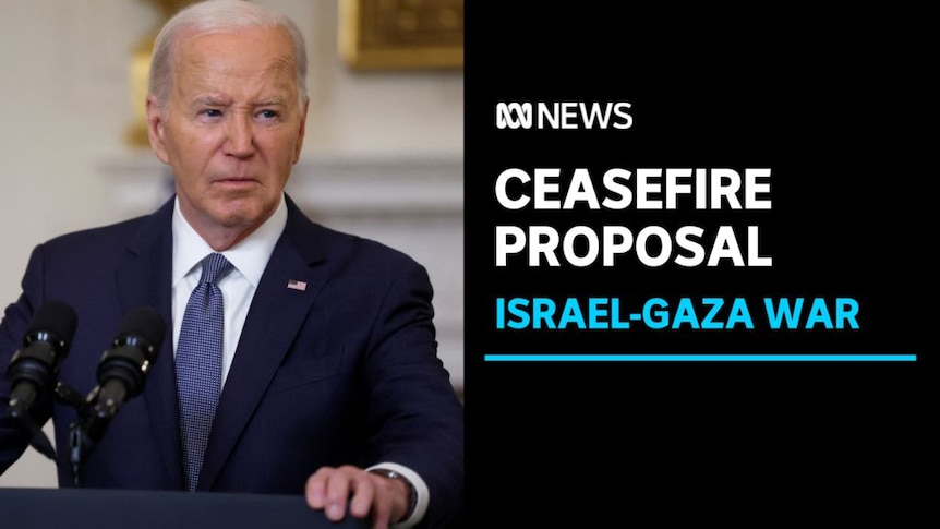 Ceasefire Proposal, Israel-Gaza War: White-haired US President in blue suit stands at podium.