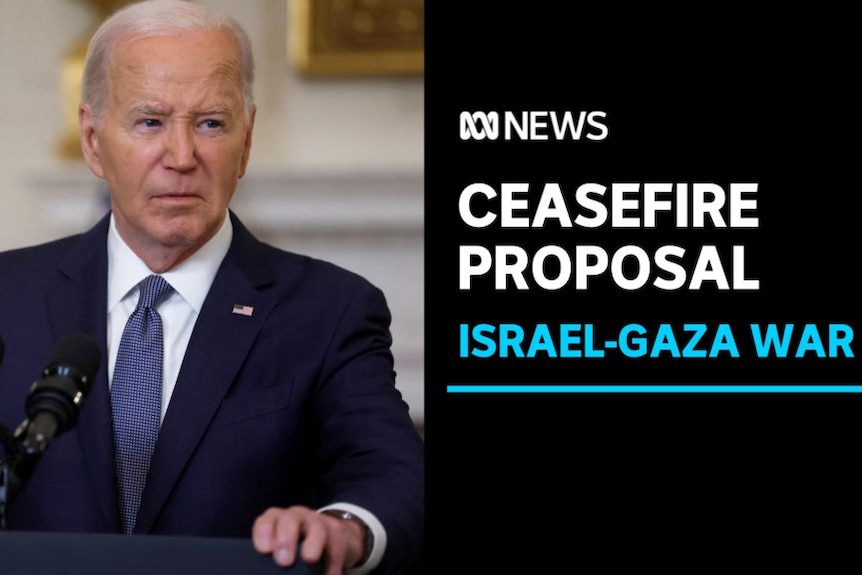 Ceasefire Proposal, Israel-Gaza War: White-haired US President in blue suit stands at podium.